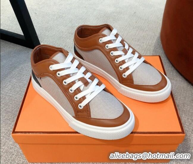 Luxury Hermes Day Sneakers in Canvas and Leather Brown/Grey 110473