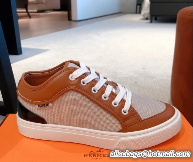 Luxury Hermes Day Sneakers in Canvas and Leather Brown/Grey 110473