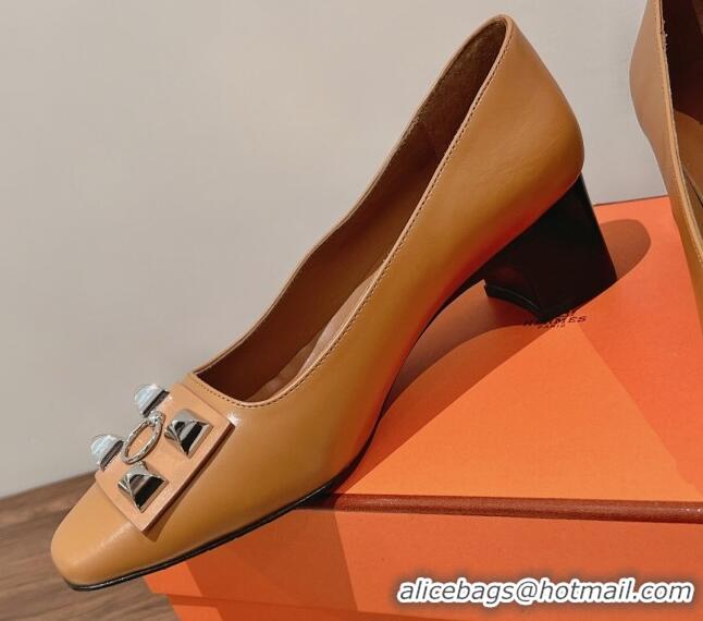 Best Grade Hermes Taglia Stud Medium Pumps 5cm Brown 221202