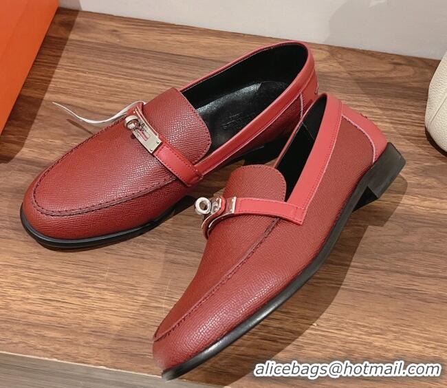 Perfect Hermes Destin Loafers in Epsom Calfskin Burgundy 221206