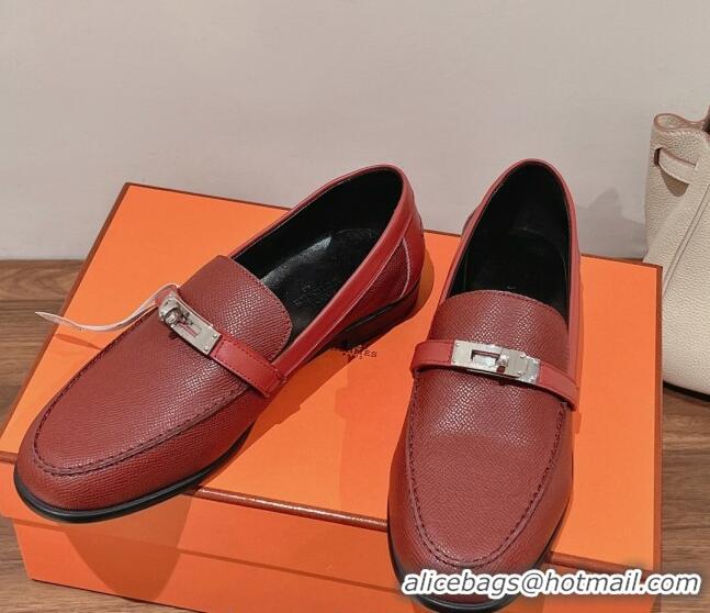 Perfect Hermes Destin Loafers in Epsom Calfskin Burgundy 221206