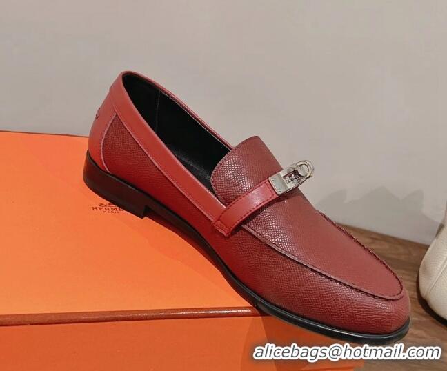 Perfect Hermes Destin Loafers in Epsom Calfskin Burgundy 221206