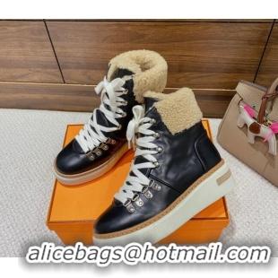 Best Product Hermes Flocon Lace-up Ankle Boots in Calfskin and Wool Black 221208