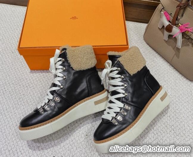 Best Product Hermes Flocon Lace-up Ankle Boots in Calfskin and Wool Black 221208