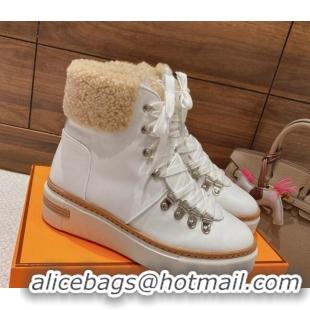 Best Price Hermes Flocon Lace-up Ankle Boots in Calfskin and Wool White 221209