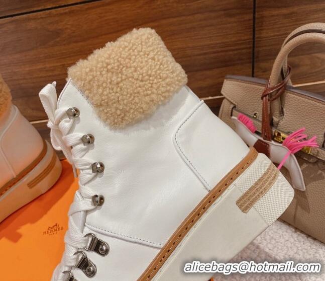 Best Price Hermes Flocon Lace-up Ankle Boots in Calfskin and Wool White 221209