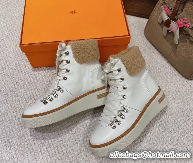 Best Price Hermes Flocon Lace-up Ankle Boots in Calfskin and Wool White 221209