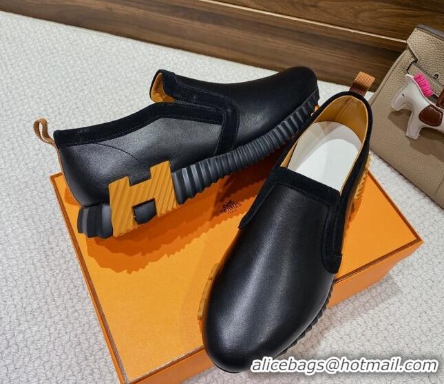 Unique Style Hermes Calfskin Slip-on Sneakers Black 221210