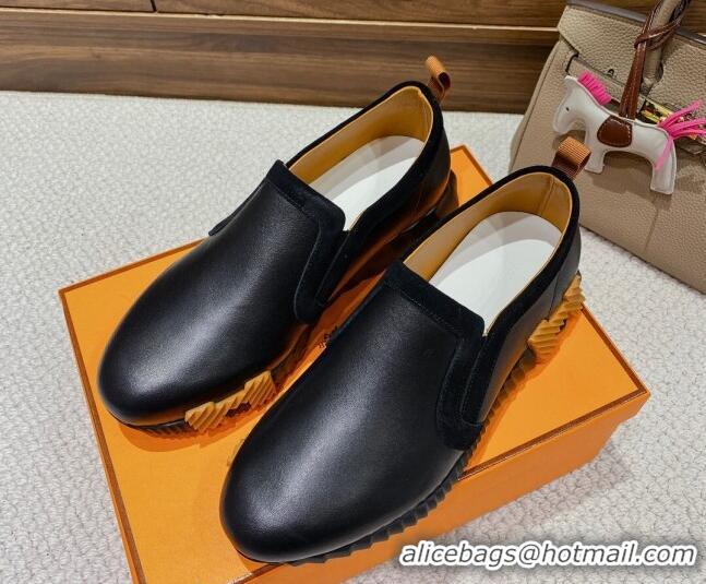 Unique Style Hermes Calfskin Slip-on Sneakers Black 221210