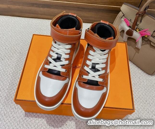 Fashion Hermes Freestyle Calfskin High-top Sneakers Brown 221214