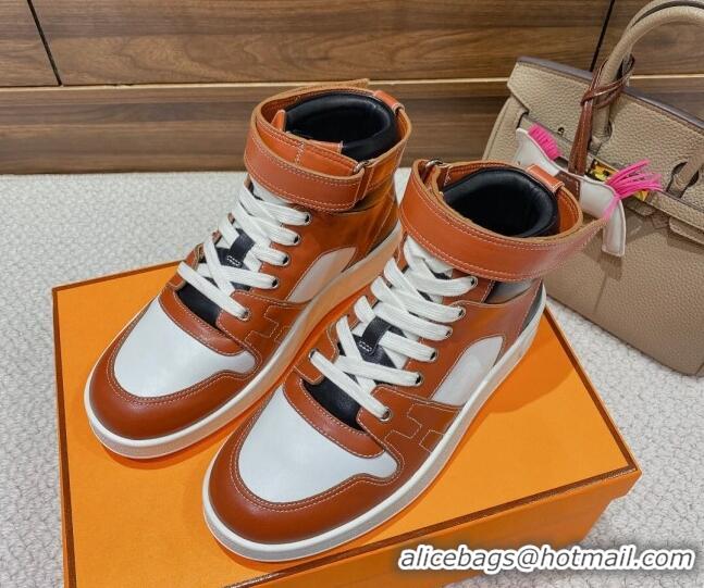 Fashion Hermes Freestyle Calfskin High-top Sneakers Brown 221214