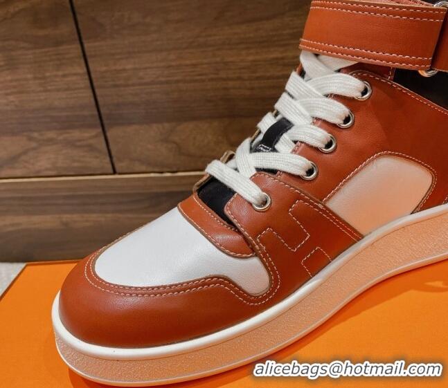 Fashion Hermes Freestyle Calfskin High-top Sneakers Brown 221214