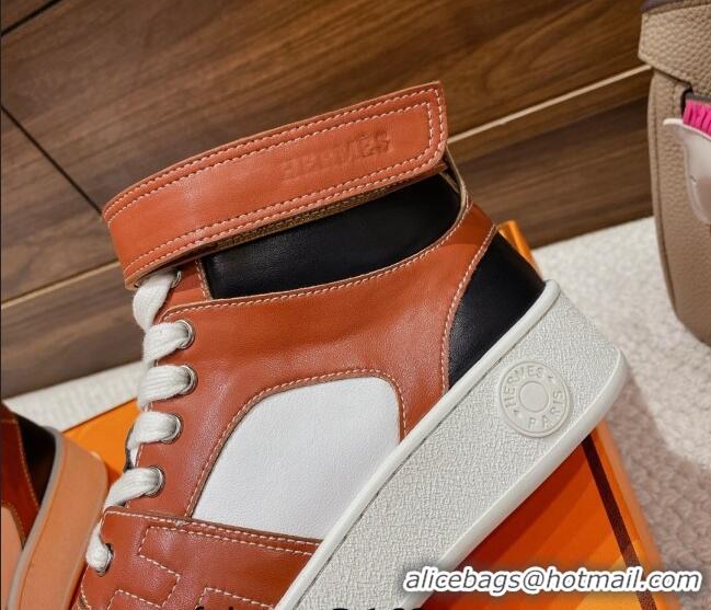 Fashion Hermes Freestyle Calfskin High-top Sneakers Brown 221214