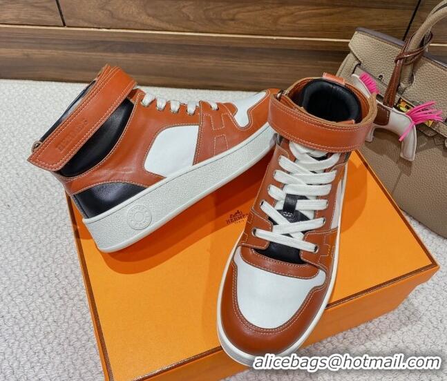 Fashion Hermes Freestyle Calfskin High-top Sneakers Brown 221214