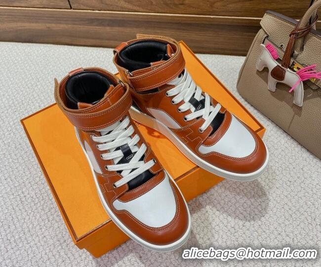 Fashion Hermes Freestyle Calfskin High-top Sneakers Brown 221214