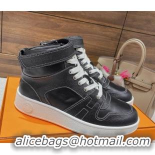 Top Grade Hermes Freestyle Calfskin High-top Sneakers Black 221215