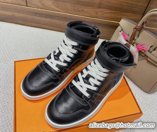 Top Grade Hermes Freestyle Calfskin High-top Sneakers Black 221215