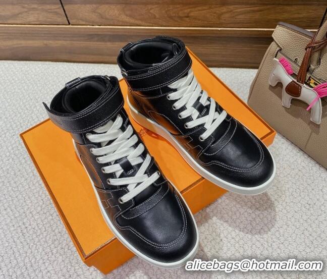 Top Grade Hermes Freestyle Calfskin High-top Sneakers Black 221215