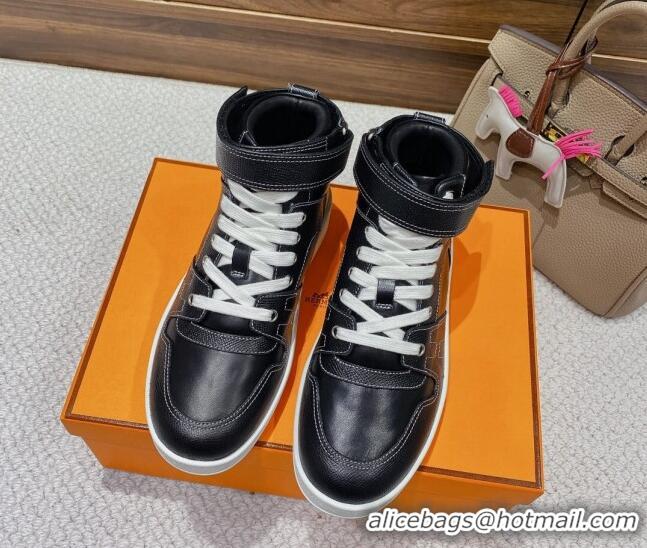 Top Grade Hermes Freestyle Calfskin High-top Sneakers Black 221215