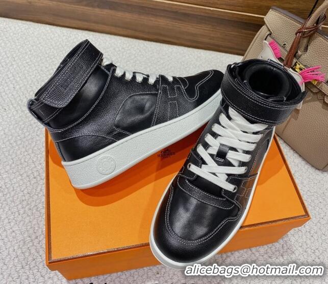 Top Grade Hermes Freestyle Calfskin High-top Sneakers Black 221215