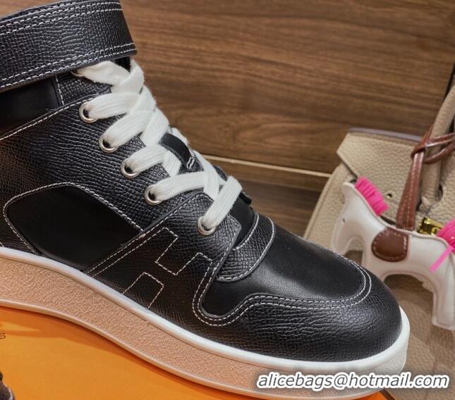 Top Grade Hermes Freestyle Calfskin High-top Sneakers Black 221215