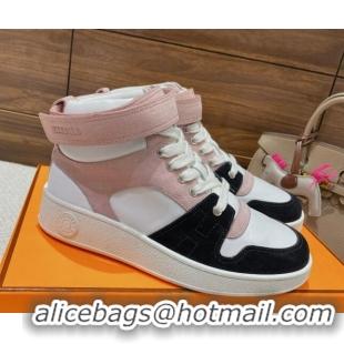 Luxury Hermes Freestyle Calfskin and Suede High-top Sneakers Pink/White 221219