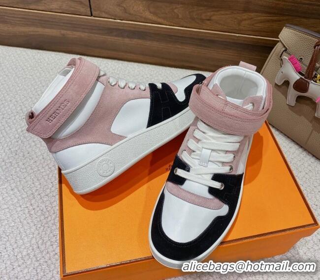 Luxury Hermes Freestyle Calfskin and Suede High-top Sneakers Pink/White 221219