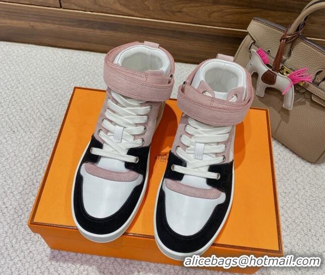 Luxury Hermes Freestyle Calfskin and Suede High-top Sneakers Pink/White 221219