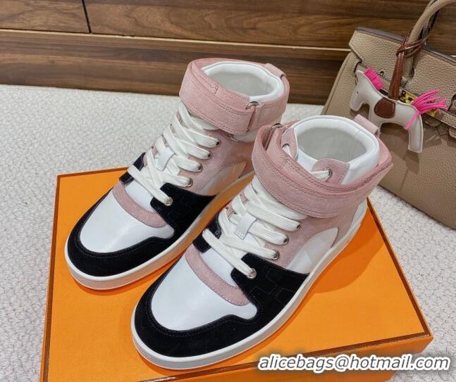 Luxury Hermes Freestyle Calfskin and Suede High-top Sneakers Pink/White 221219