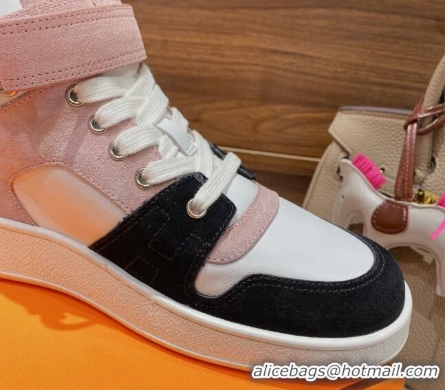 Luxury Hermes Freestyle Calfskin and Suede High-top Sneakers Pink/White 221219