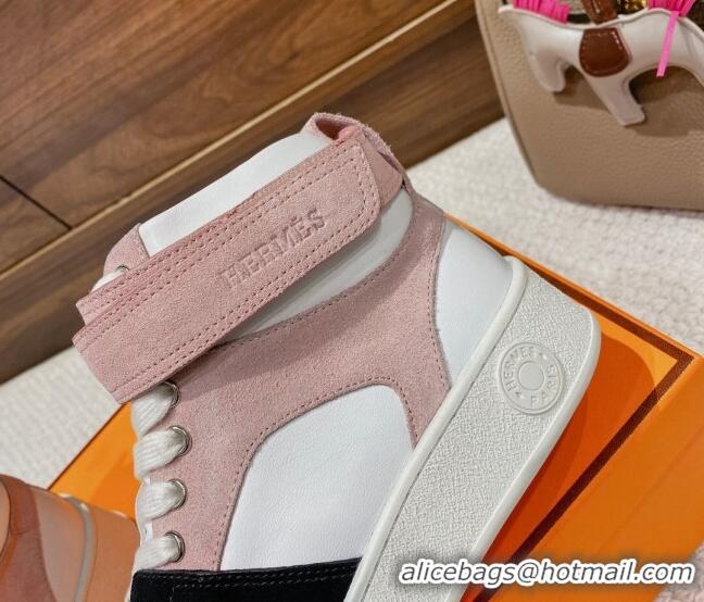 Luxury Hermes Freestyle Calfskin and Suede High-top Sneakers Pink/White 221219