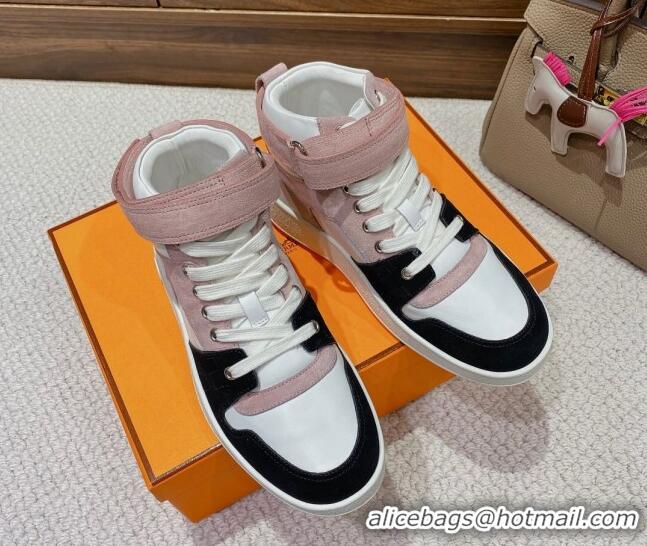 Luxury Hermes Freestyle Calfskin and Suede High-top Sneakers Pink/White 221219