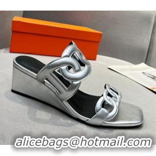 Good Quality Hermes Figari Calfskin Wedge Sandals 5.5cm Silver 221221