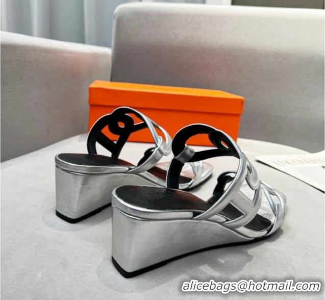 Good Quality Hermes Figari Calfskin Wedge Sandals 5.5cm Silver 221221