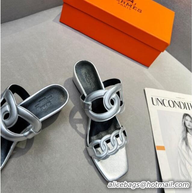 Good Quality Hermes Figari Calfskin Wedge Sandals 5.5cm Silver 221221