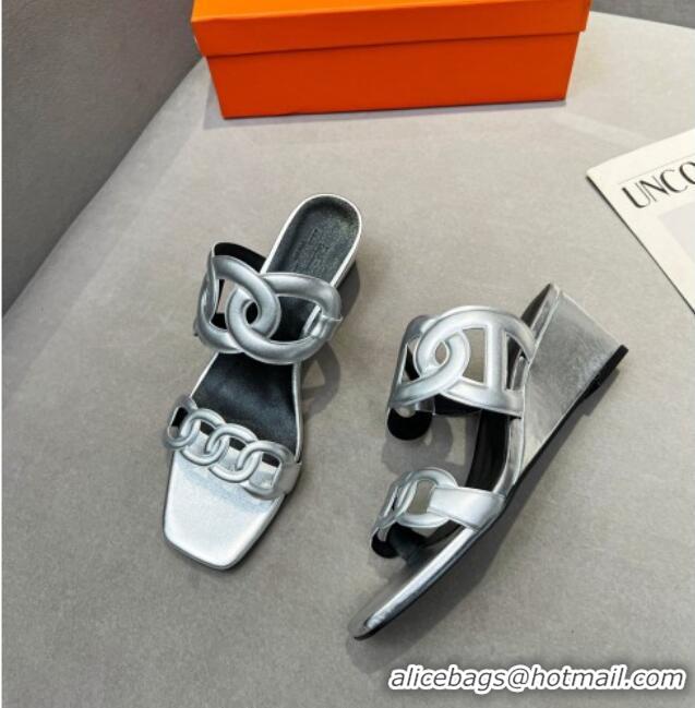 Good Quality Hermes Figari Calfskin Wedge Sandals 5.5cm Silver 221221