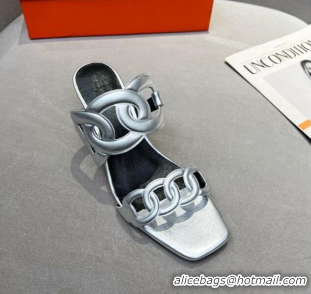 Good Quality Hermes Figari Calfskin Wedge Sandals 5.5cm Silver 221221