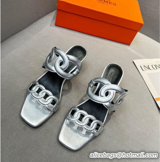 Good Quality Hermes Figari Calfskin Wedge Sandals 5.5cm Silver 221221