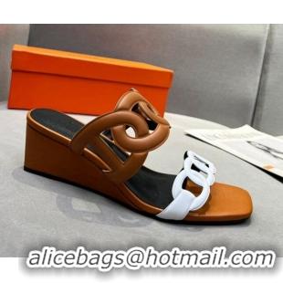 Grade Quality Hermes Figari Calfskin Wedge Sandals 5.5cm White/Brown 221222