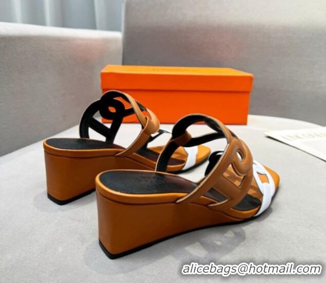 Grade Quality Hermes Figari Calfskin Wedge Sandals 5.5cm White/Brown 221222