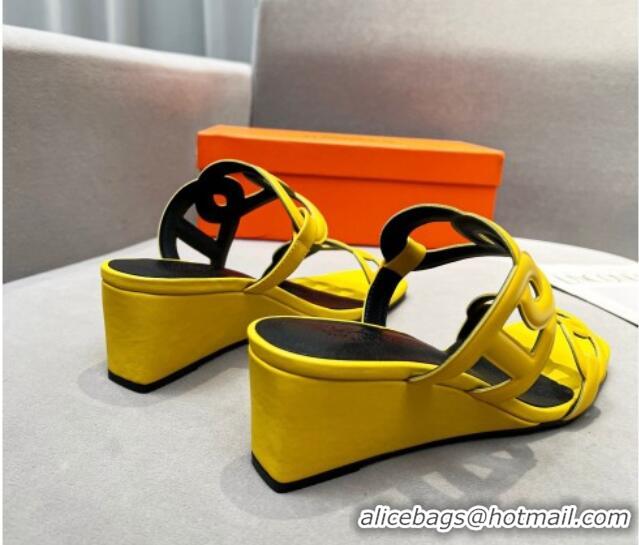 Stylish Hermes Figari Calfskin Wedge Sandals 5.5cm Yellow 221223