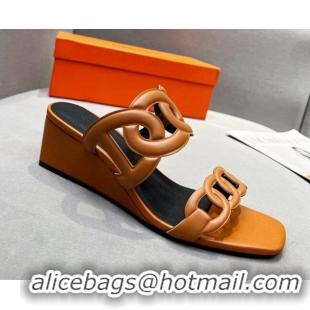 Stylish Hermes Figari Calfskin Wedge Sandals 5.5cm Brown/Black 221224