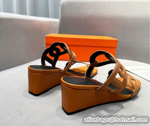 Stylish Hermes Figari Calfskin Wedge Sandals 5.5cm Brown/Black 221224