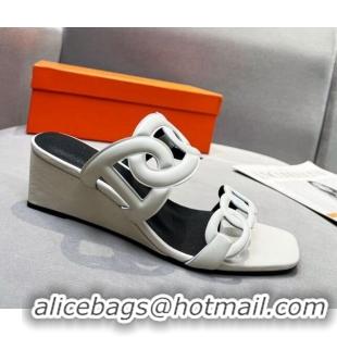 Sumptuous Hermes Figari Calfskin Wedge Sandals 5.5cm Cream White 221225