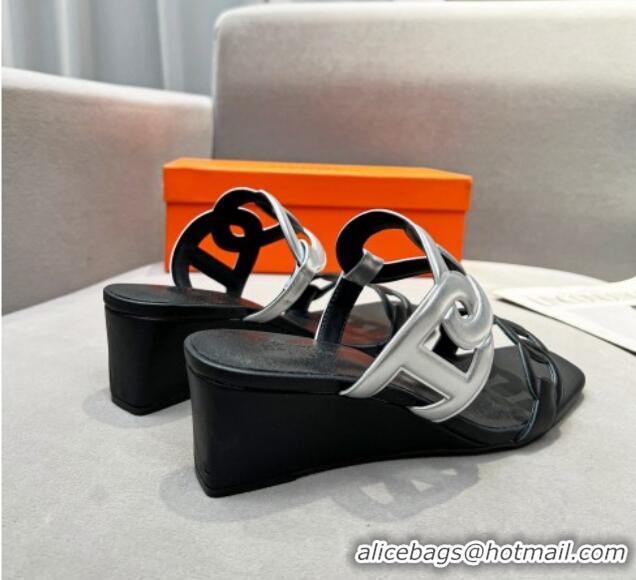 Hot Style Hermes Figari Calfskin Wedge Sandals 5.5cm Silver/ Black 221226