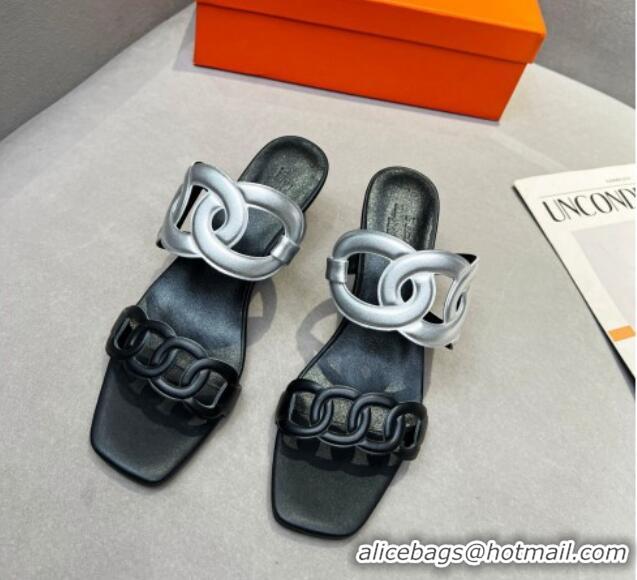 Hot Style Hermes Figari Calfskin Wedge Sandals 5.5cm Silver/ Black 221226