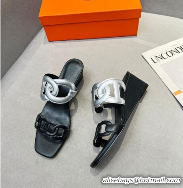 Hot Style Hermes Figari Calfskin Wedge Sandals 5.5cm Silver/ Black 221226