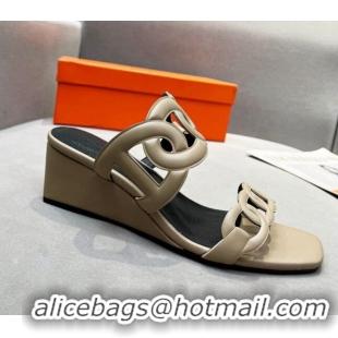 Perfect Hermes Figari Calfskin Wedge Sandals 5.5cm Beige Grey 221228