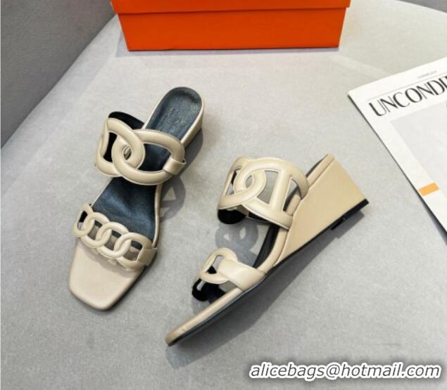 Perfect Hermes Figari Calfskin Wedge Sandals 5.5cm Beige Grey 221228