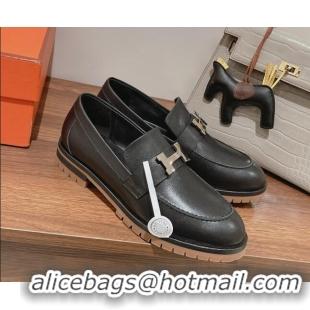 Shop Cheap Hermes Faubourg Calfskin Loafers Black 222125